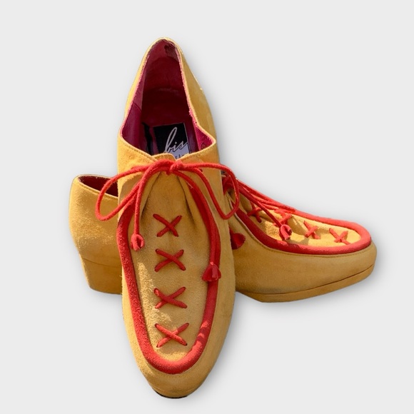 Vintage Rare Charles Jourdan Yellow and Red Suede Shoes - Picture 1 of 14